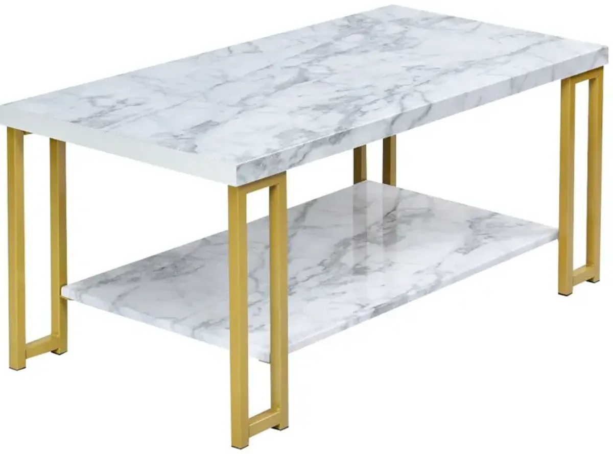 2-Tier Rectangular Modern Coffee Table with Gold Print Metal Frame