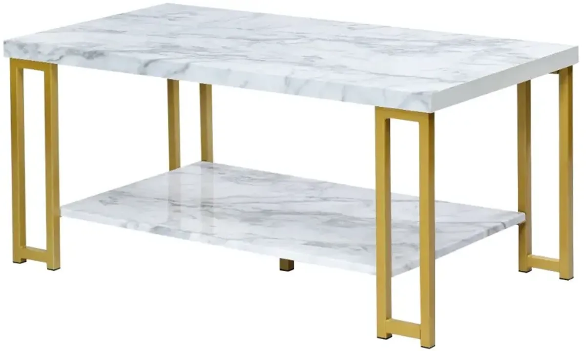 2-Tier Rectangular Modern Coffee Table with Gold Print Metal Frame