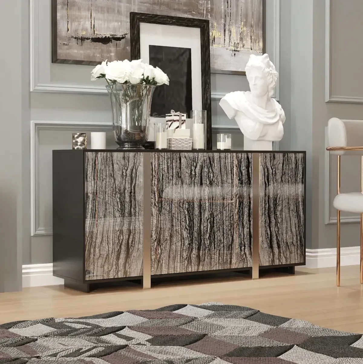 FUFU&GAGA Contemporary Black Sideboard with Marble-Pattern Glass Doors (63" W x 15.7" D x 31.5" H), P2 MDF Cabinet with Silver-Plated Legs