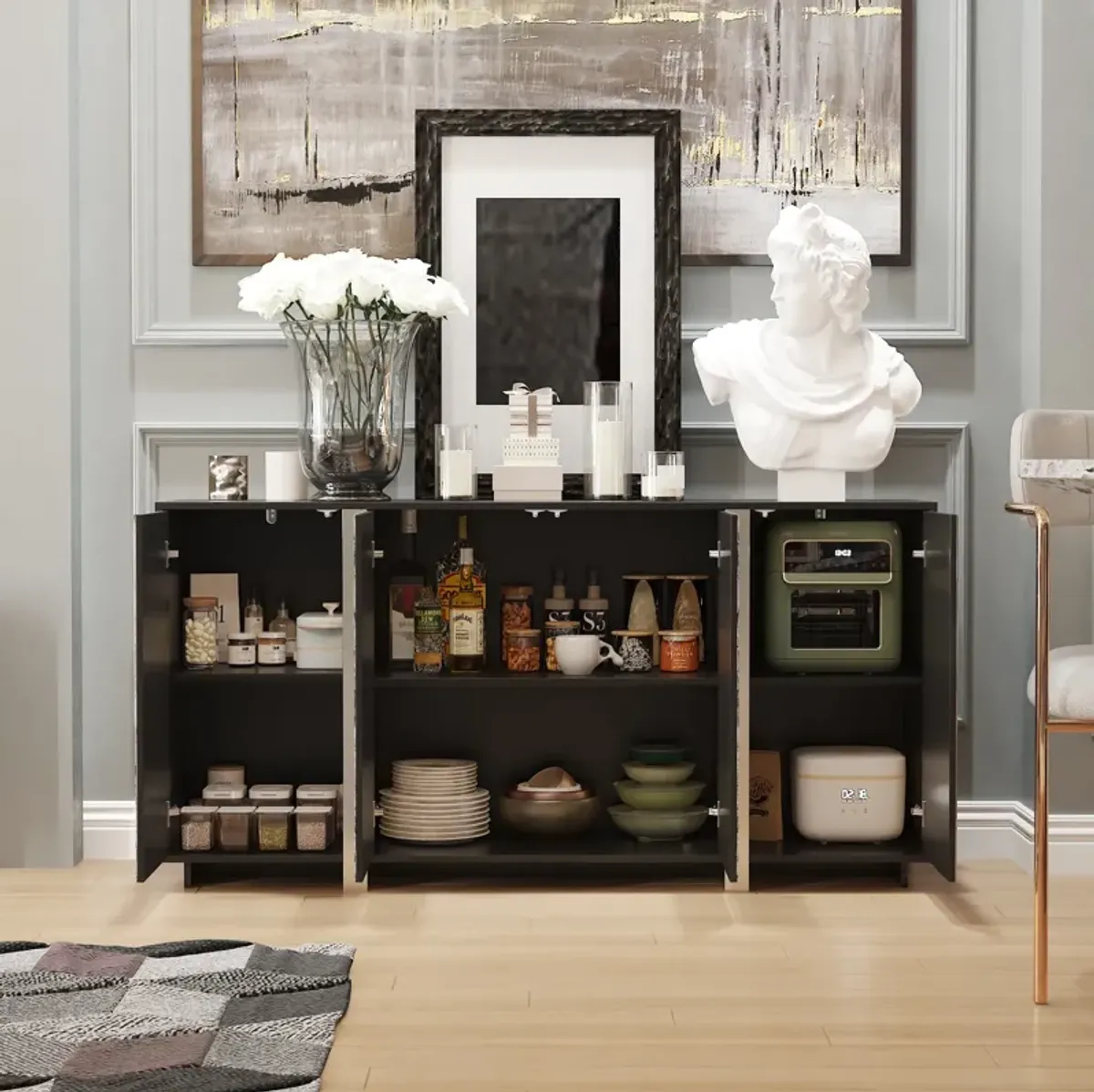 FUFU&GAGA Contemporary Black Sideboard with Marble-Pattern Glass Doors (63" W x 15.7" D x 31.5" H), P2 MDF Cabinet with Silver-Plated Legs