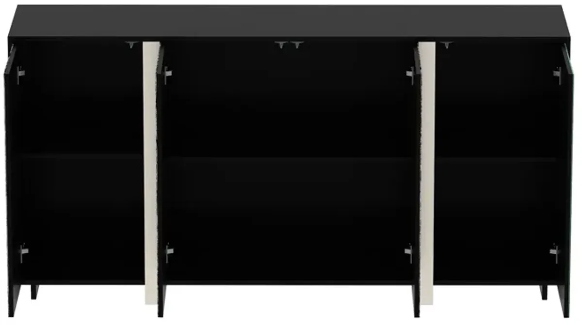 FUFU&GAGA Contemporary Black Sideboard with Marble-Pattern Glass Doors (63" W x 15.7" D x 31.5" H), P2 MDF Cabinet with Silver-Plated Legs