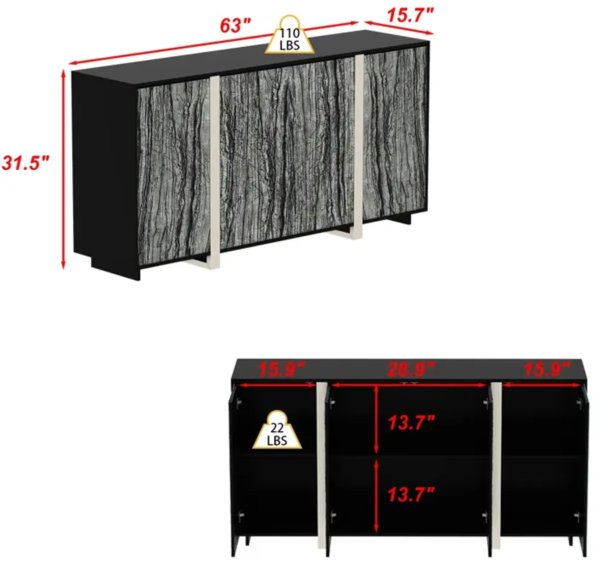 FUFU&GAGA Contemporary Black Sideboard with Marble-Pattern Glass Doors (63" W x 15.7" D x 31.5" H), P2 MDF Cabinet with Silver-Plated Legs