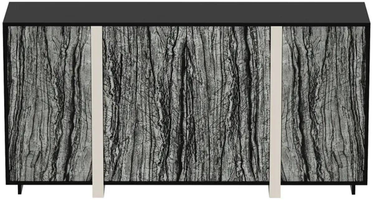 FUFU&GAGA Contemporary Black Sideboard with Marble-Pattern Glass Doors (63" W x 15.7" D x 31.5" H), P2 MDF Cabinet with Silver-Plated Legs