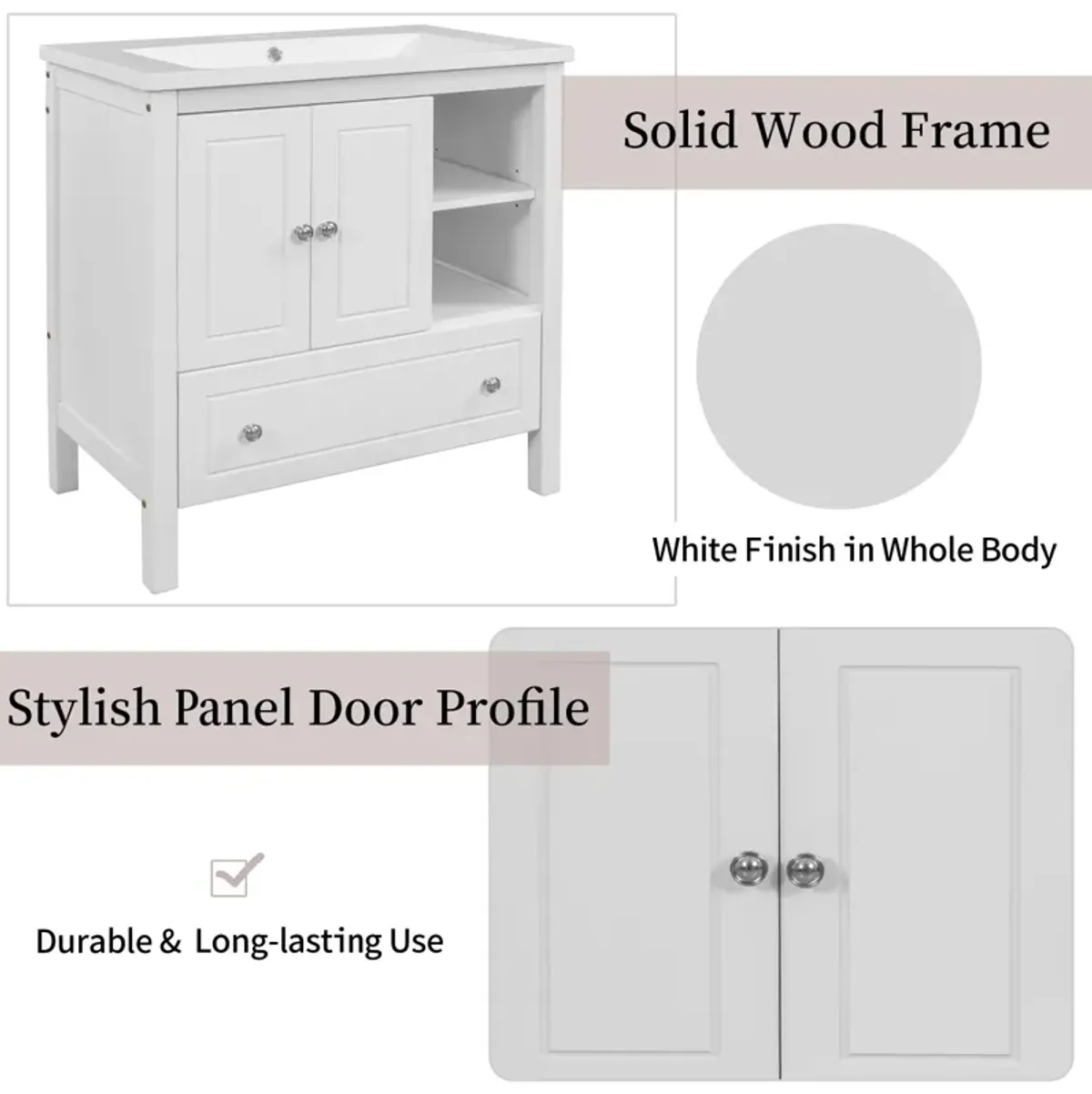 30" Bathroom Vanity Base Only, Solid Wood Frame, Bathroom Storage Cabinet With Doors And Drawers