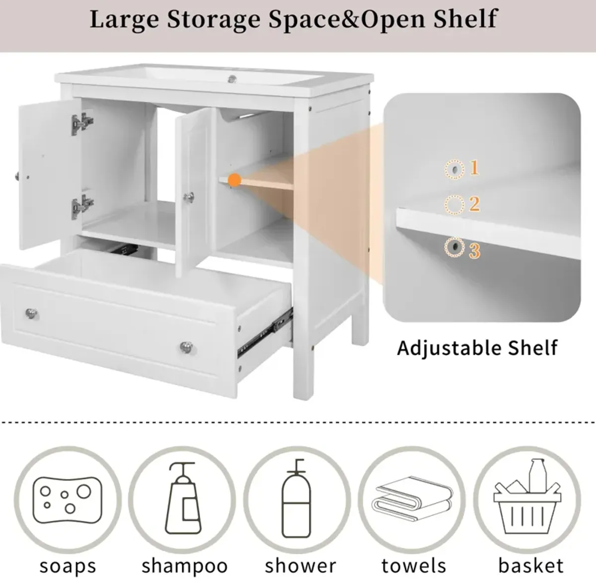 30" Bathroom Vanity Base Only, Solid Wood Frame, Bathroom Storage Cabinet With Doors And Drawers