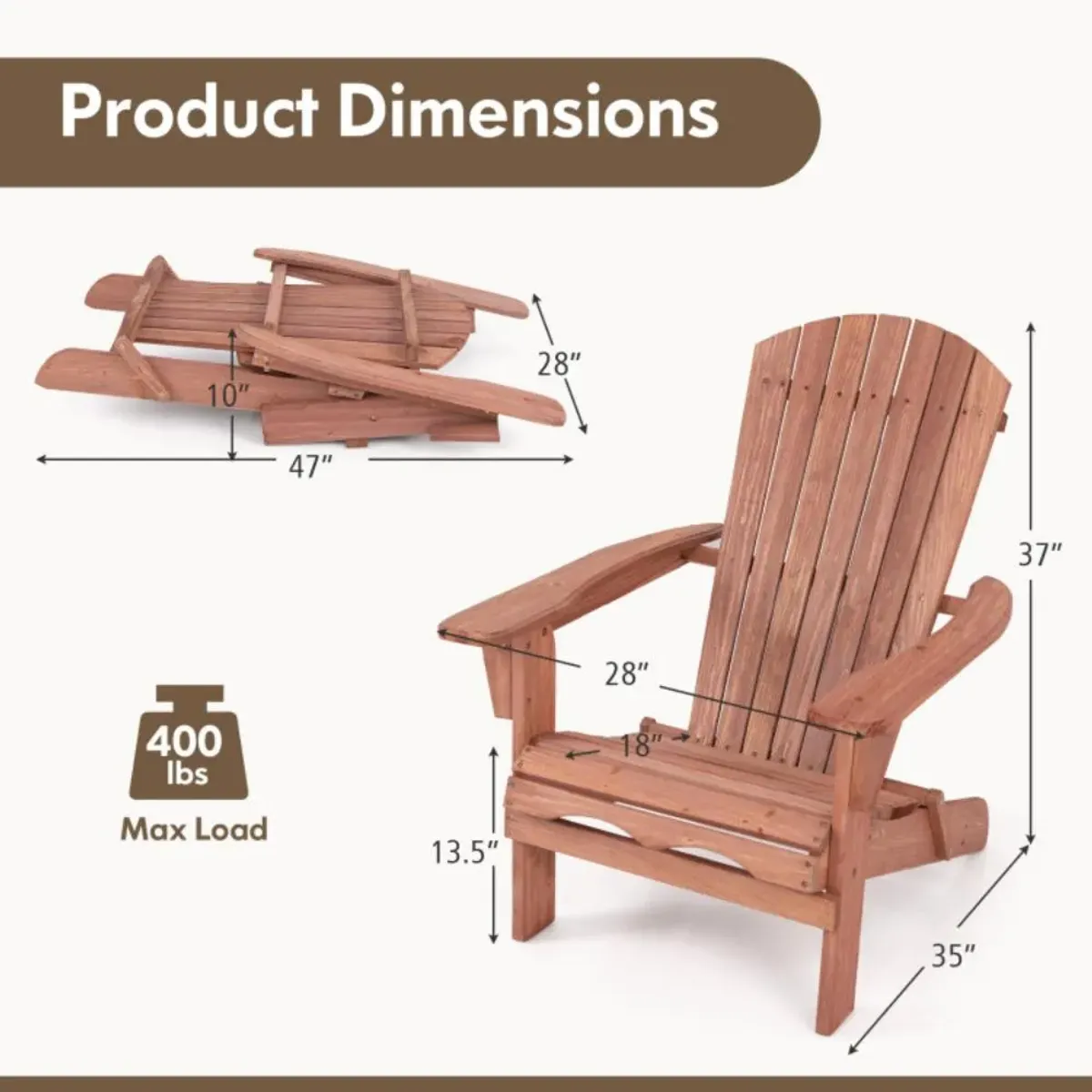 Hivvago Folding Adirondack Chair Set of 2 with High Backrest and Wide Armrests