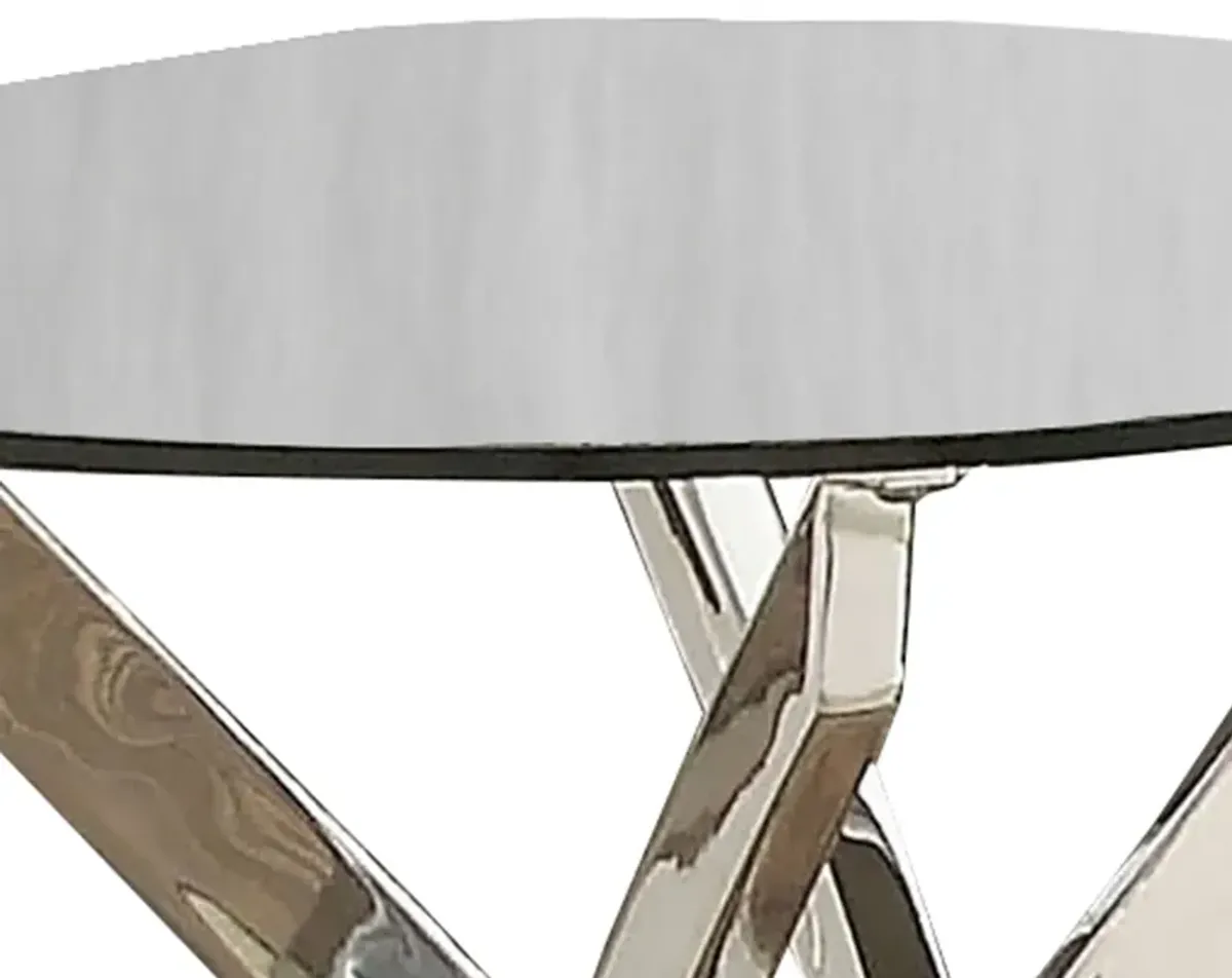 Round Glass Top End Table with Criss Cross Metal Base, Silver-Benzara