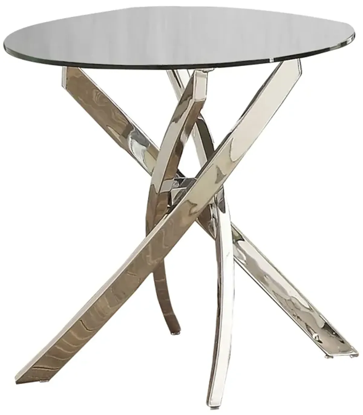 Round Glass Top End Table with Criss Cross Metal Base, Silver-Benzara