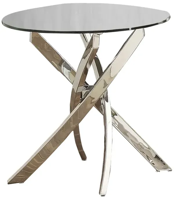 Round Glass Top End Table with Criss Cross Metal Base, Silver-Benzara