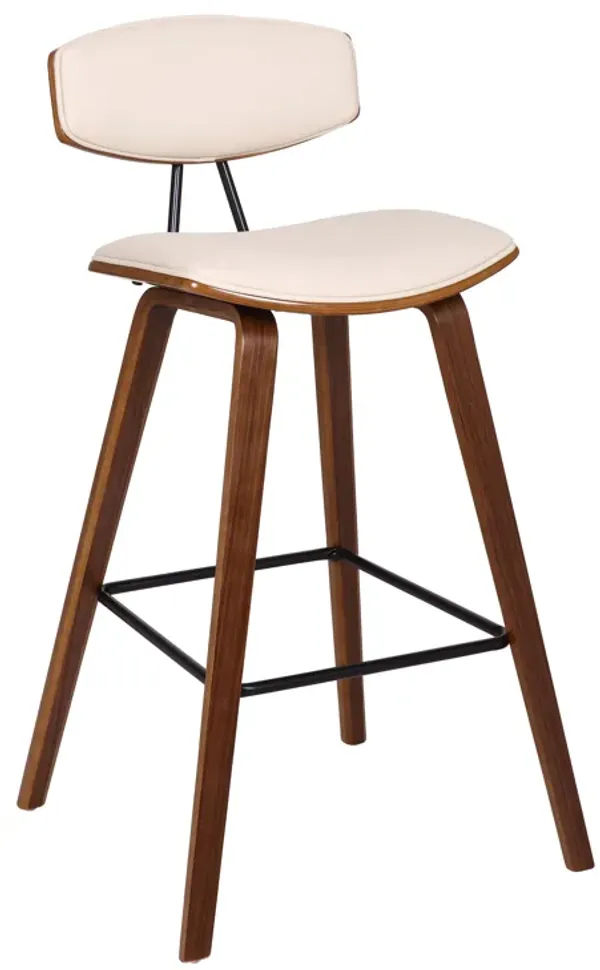 Fox Bar Height Grey Faux Leather and Walnut Wood Mid-Century Modern Bar Stool