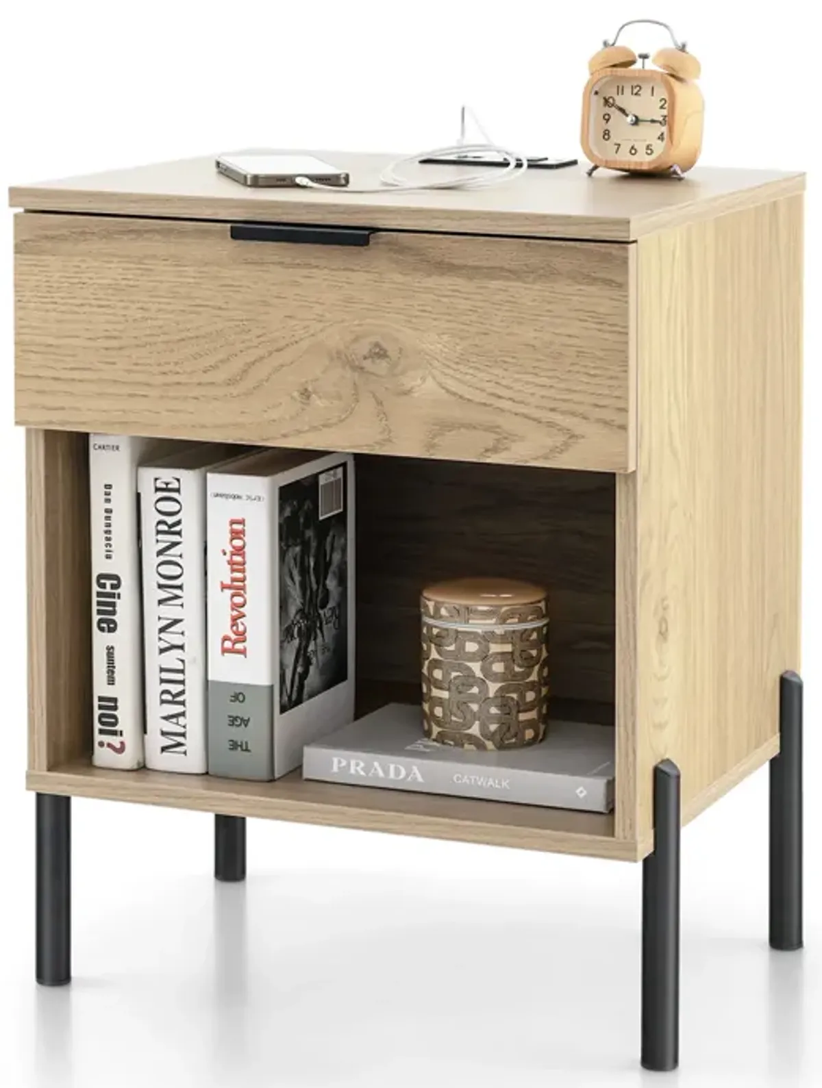 Modern Nightstand with Charging Station-Natural