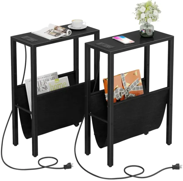Vagusicc Narrow Side Tables with Charging Station, Set of 2, End Table with Storage Pouch for Small Spaces, Slim Nightstand with
