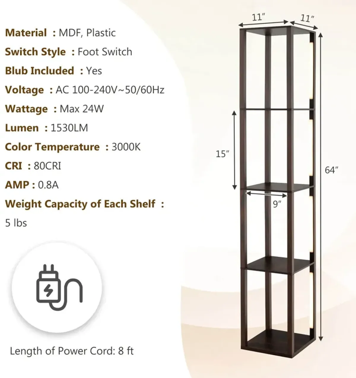 64 Inches Floor Lamp with 3-Level Dimmable LED Bulbs and Rotatable LED Poles