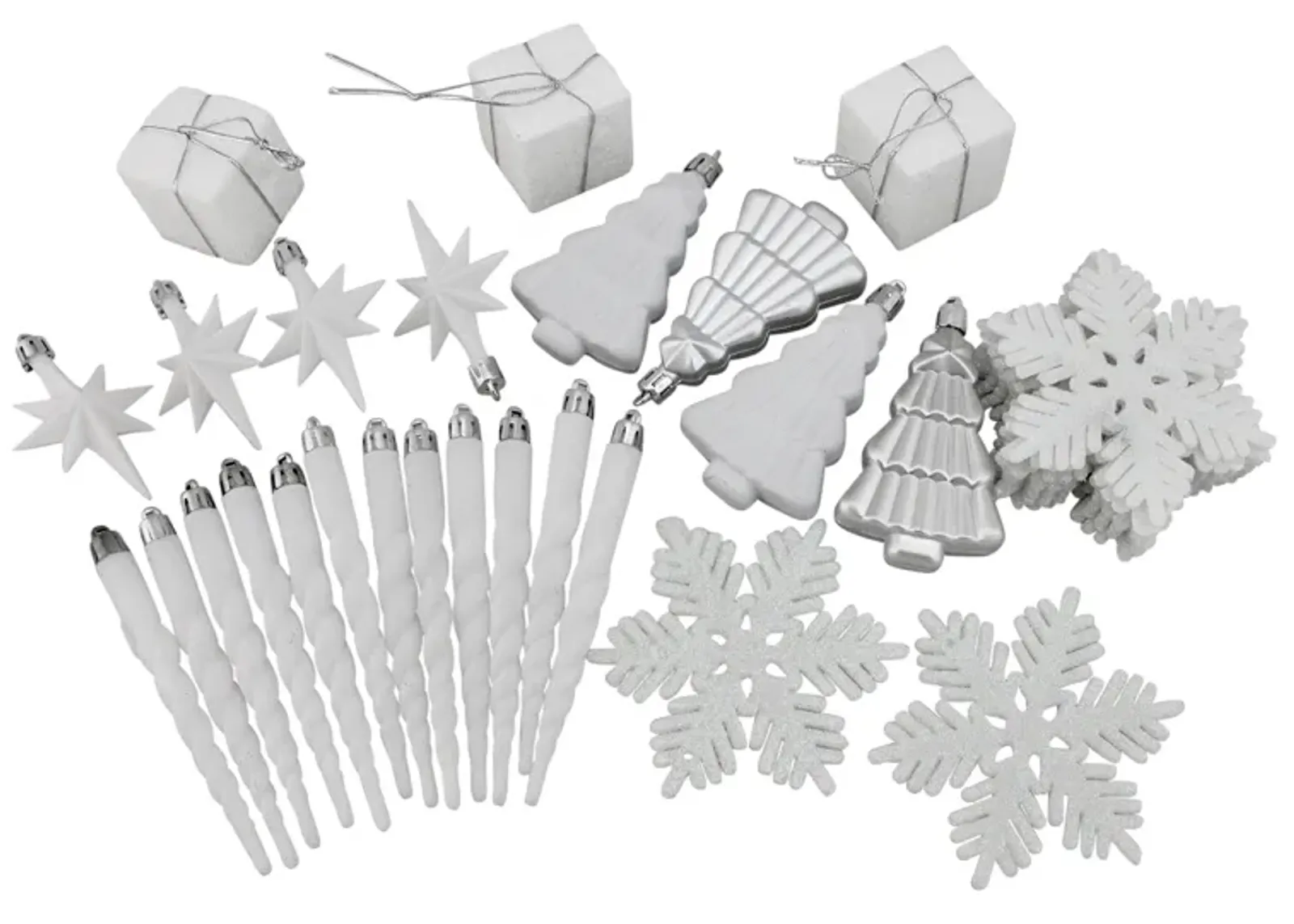 125ct Winter White and Silver Shatterproof 4-Finish Christmas Ornaments 5.5" (140mm)