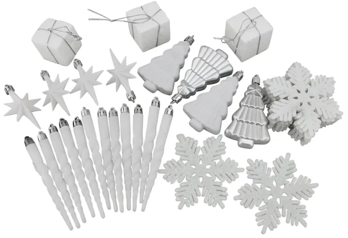 125ct Winter White and Silver Shatterproof 4-Finish Christmas Ornaments 5.5" (140mm)