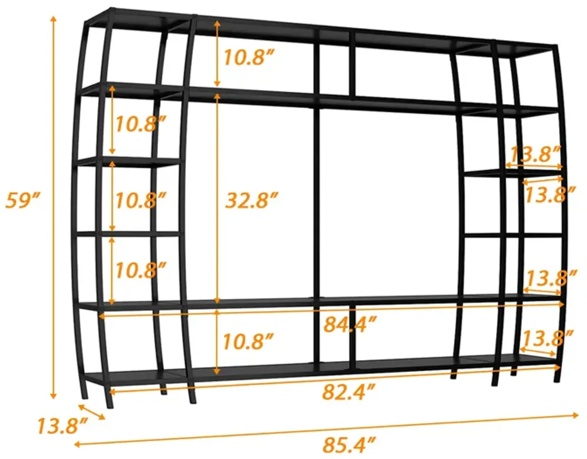 FUFU&GAGA 85.4" Black Metal Frame Bookcase with Open Shelves for TV Stand or Home Display (85.4" W x 13.8" D x 59" H),White