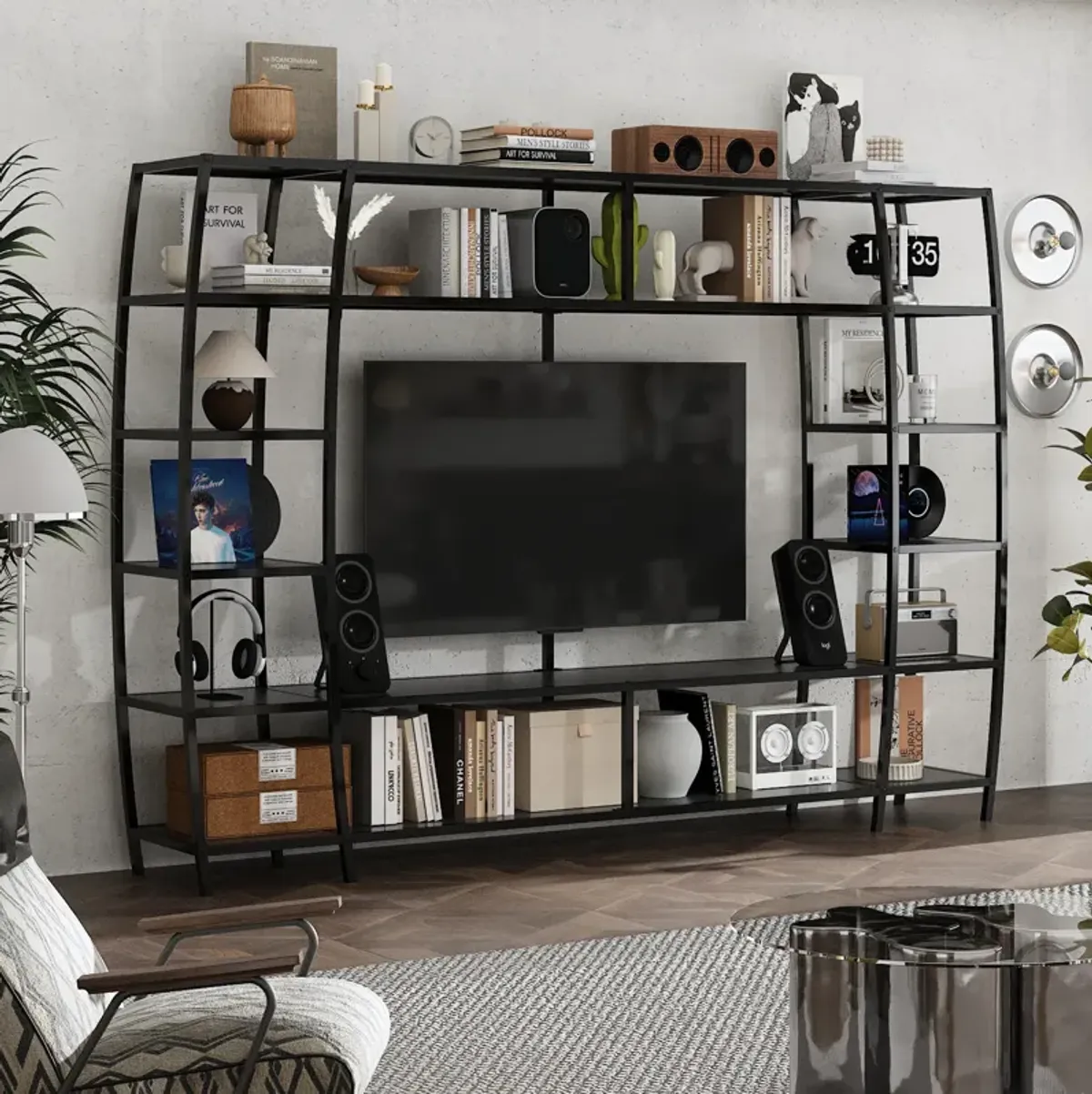 FUFU&GAGA 85.4" Black Metal Frame Bookcase with Open Shelves for TV Stand or Home Display (85.4" W x 13.8" D x 59" H),White