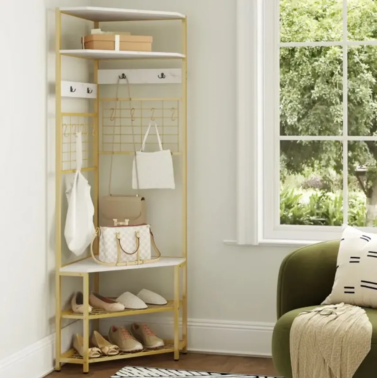 5-Tier Corner Hall Tree with Bench and Shoe Storage for Space-Saving Organization