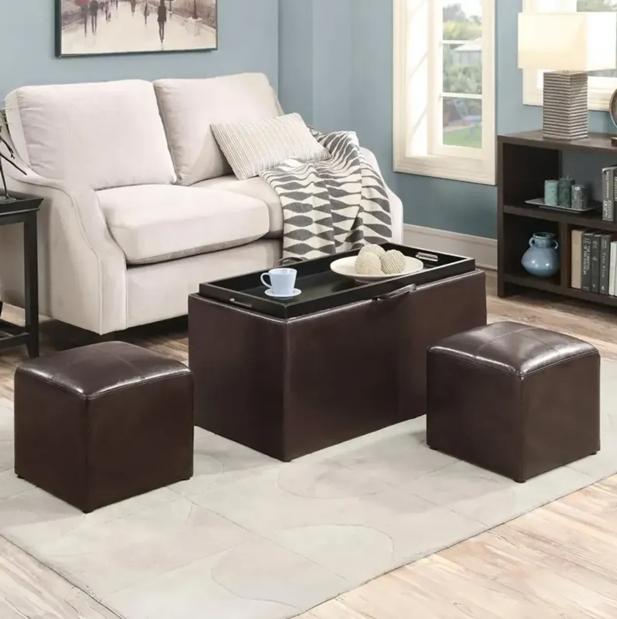 Convience Concept, Inc. Comfort Sheridan Storage Ottoman with Reversible Tray and 2 Side Ottomans