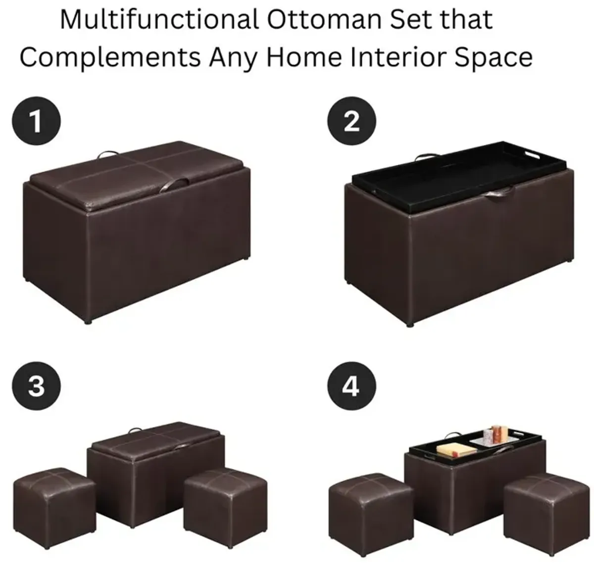 Convience Concept, Inc. Comfort Sheridan Storage Ottoman with Reversible Tray and 2 Side Ottomans