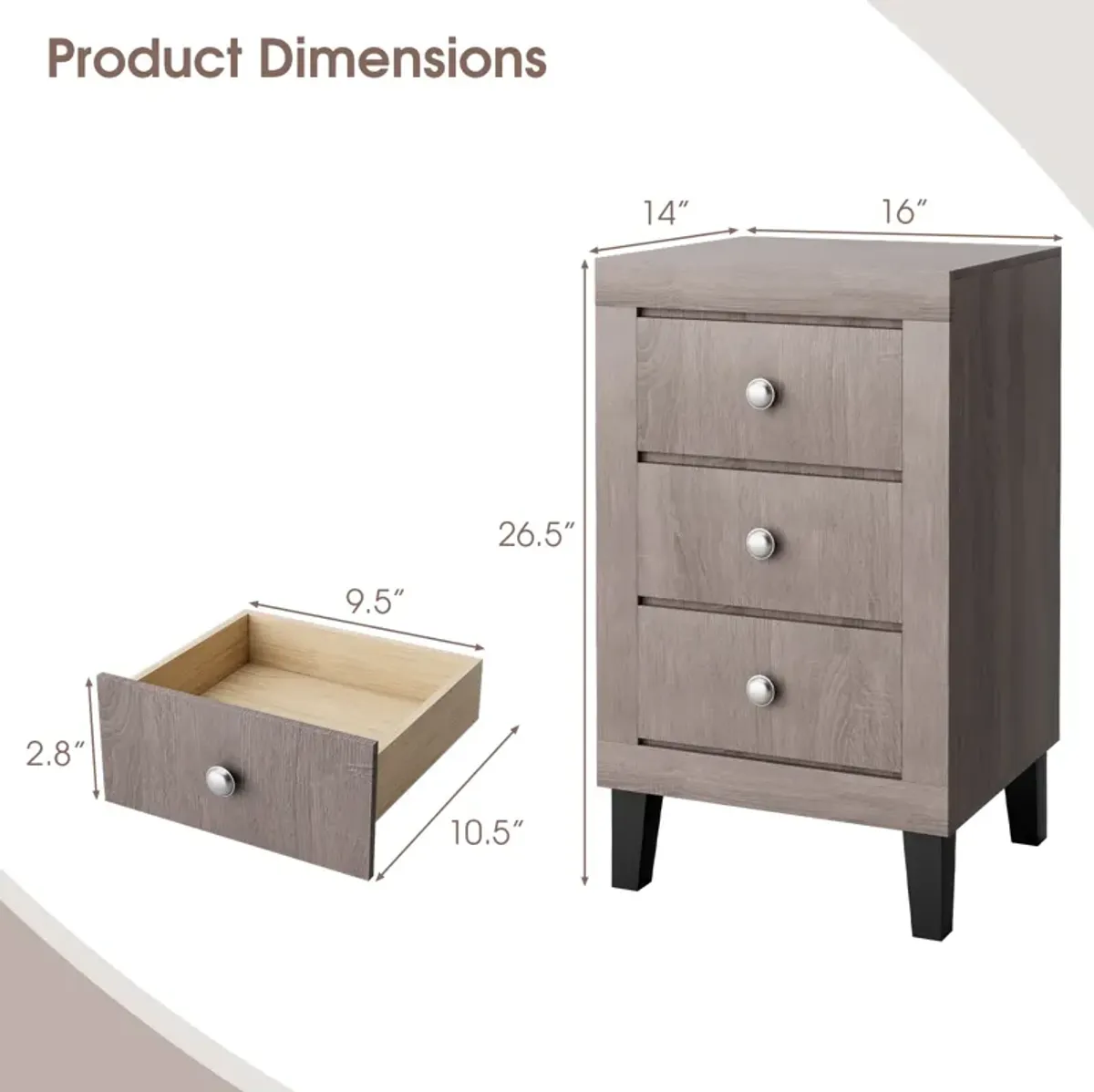 Modern Nightstand with 3 Drawers for Bedroom Living Room-Gray