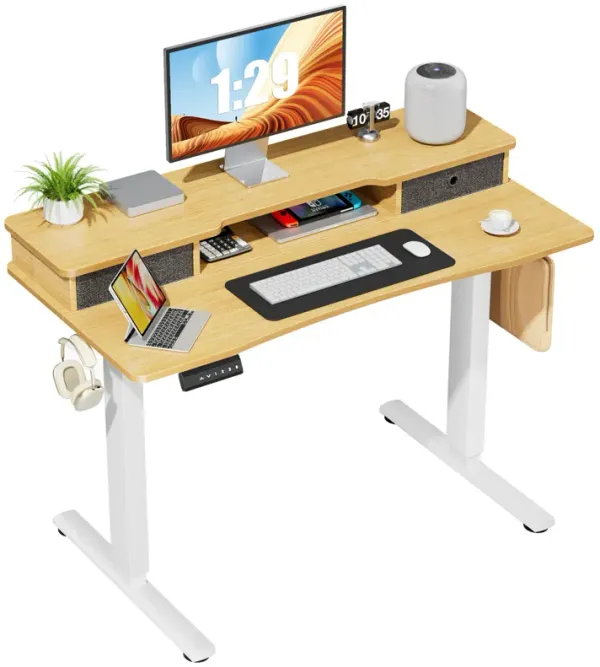 Home Office Height Adjustable Electric Standing Desk With Storage Shelf Double Drawer