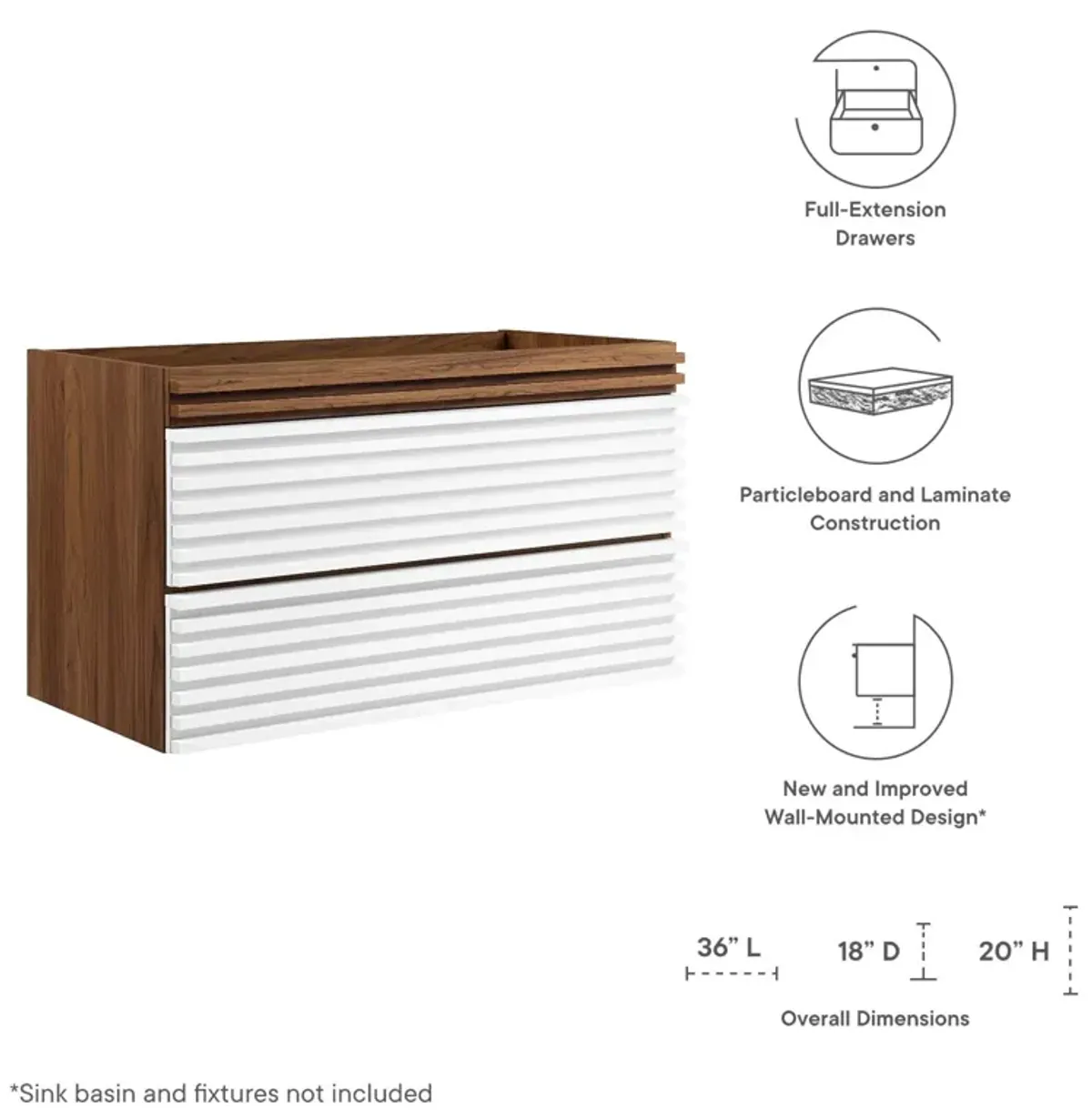 Render 36" Wall-Mount Bathroom Vanity Cabinet (Sink Basin Not Included)