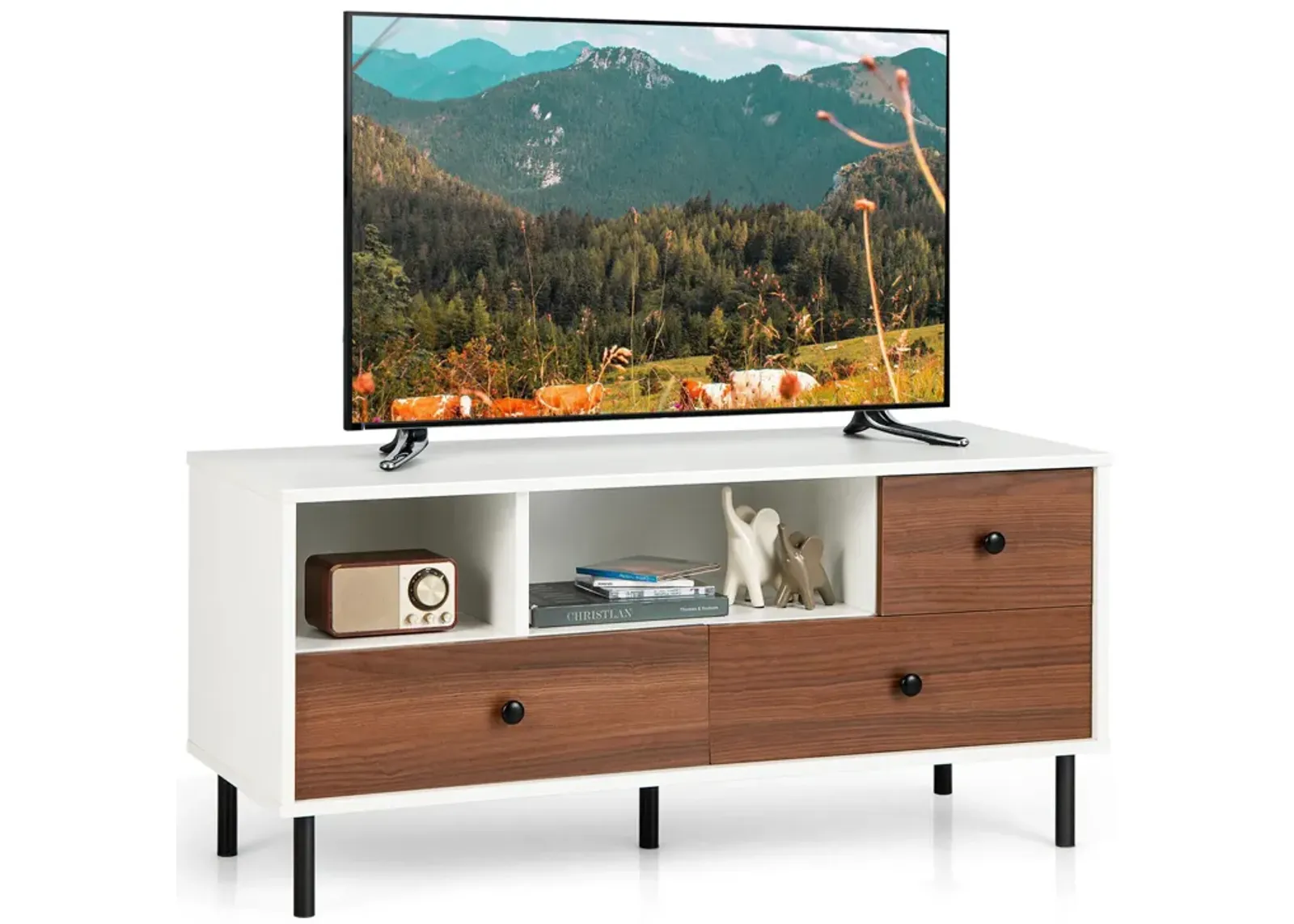 Mid-Century TV Stand for 50-inch TVs with 2 Cubbies and 3 Drawers