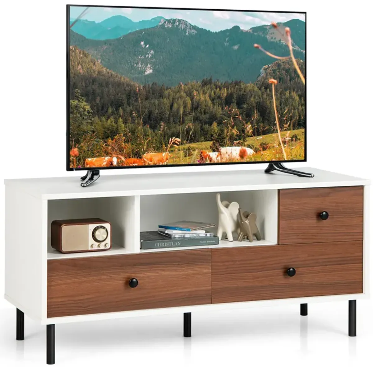 Mid-Century TV Stand for 50-inch TVs with 2 Cubbies and 3 Drawers