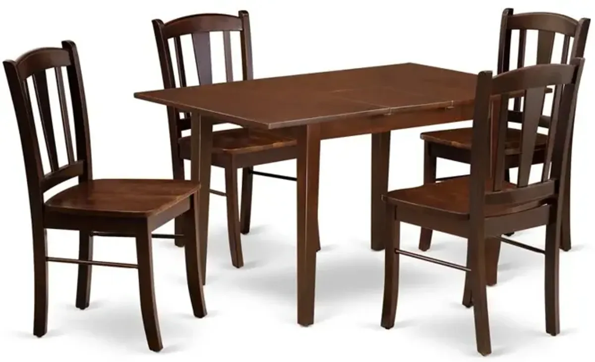 NFDL5-MAH-W - 5-Pc Dining Room Table Set- 4 Kitchen Chair with Wooden Seat and Slatted Chair Back - Butterfly Leaf Dining Table - Mahogany Finish