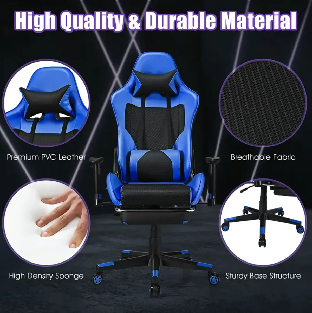 Costway Massage Gaming Chair Reclining Racing Office Computer Chair with Footrest Blue