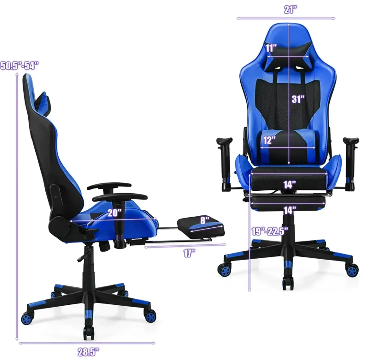 Costway Massage Gaming Chair Reclining Racing Office Computer Chair with Footrest Blue