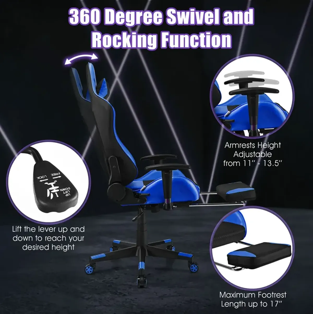 Costway Massage Gaming Chair Reclining Racing Office Computer Chair with Footrest Blue