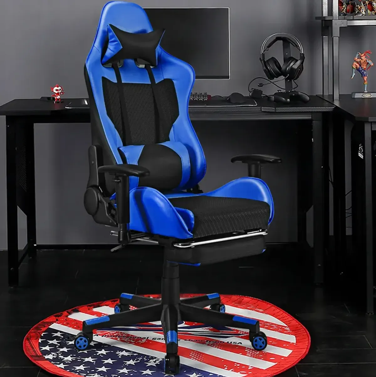 Costway Massage Gaming Chair Reclining Racing Office Computer Chair with Footrest Blue