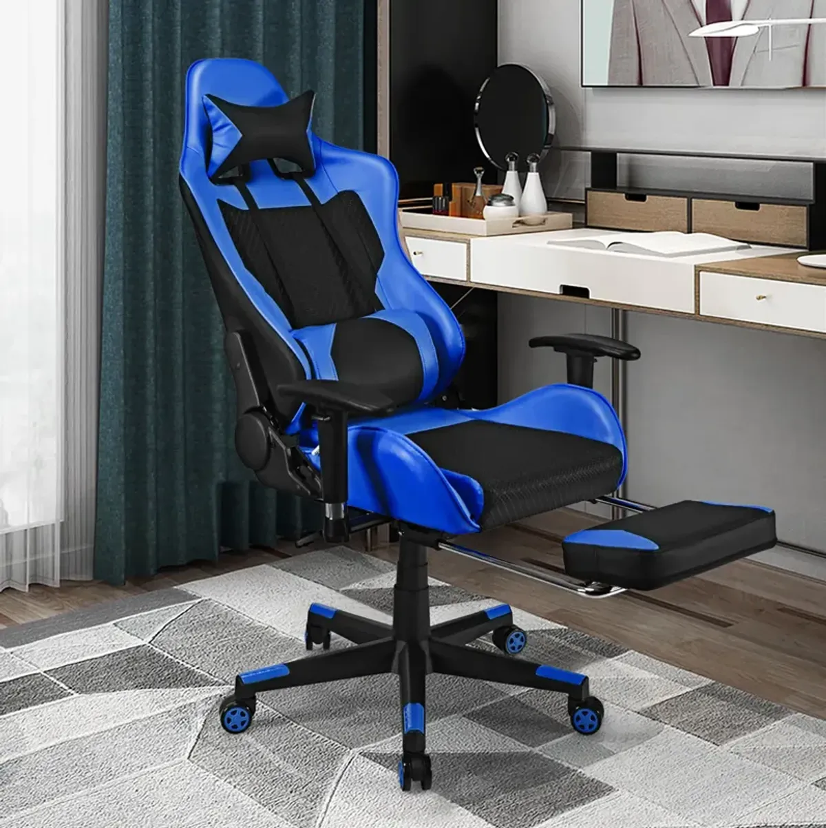 Costway Massage Gaming Chair Reclining Racing Office Computer Chair with Footrest Blue