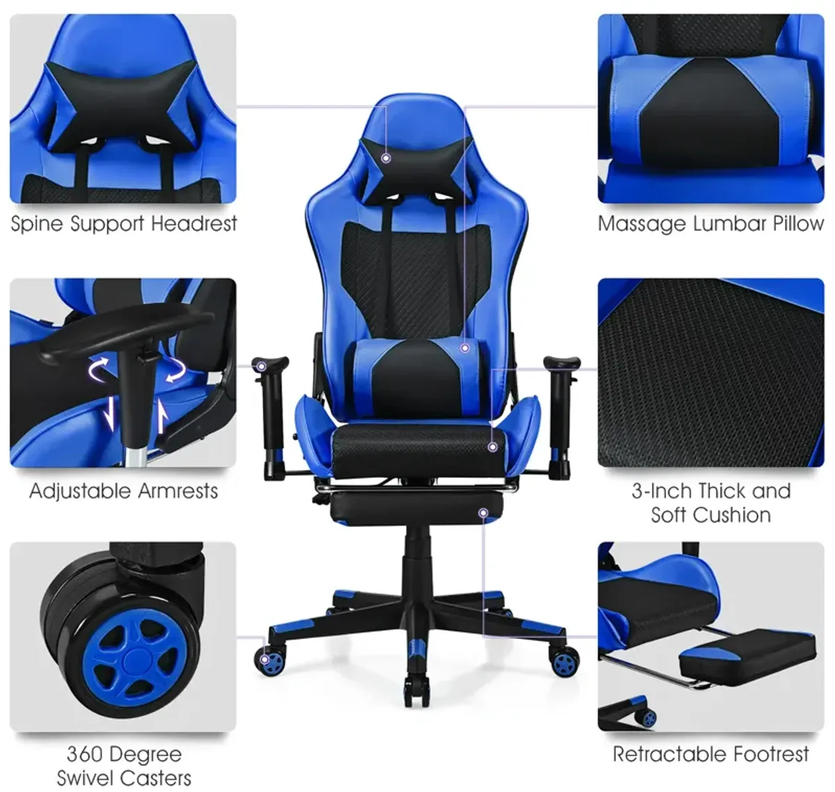 Costway Massage Gaming Chair Reclining Racing Office Computer Chair with Footrest Blue