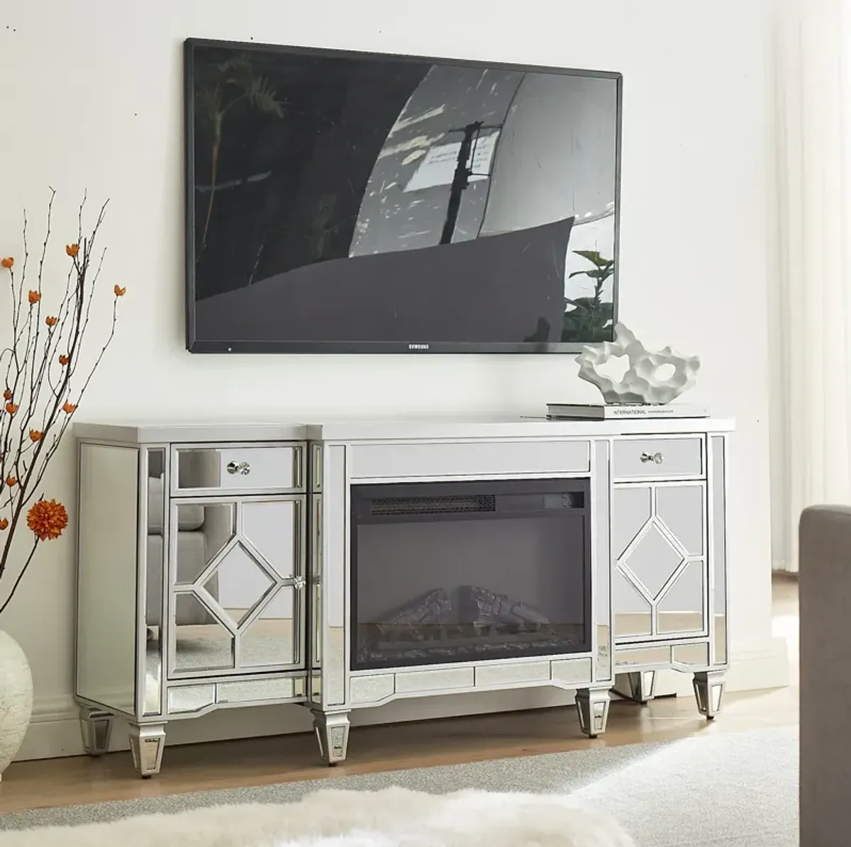 Streamdale 57" X 15 " X 25.6" Flash silver combination TV fireplace cabinet