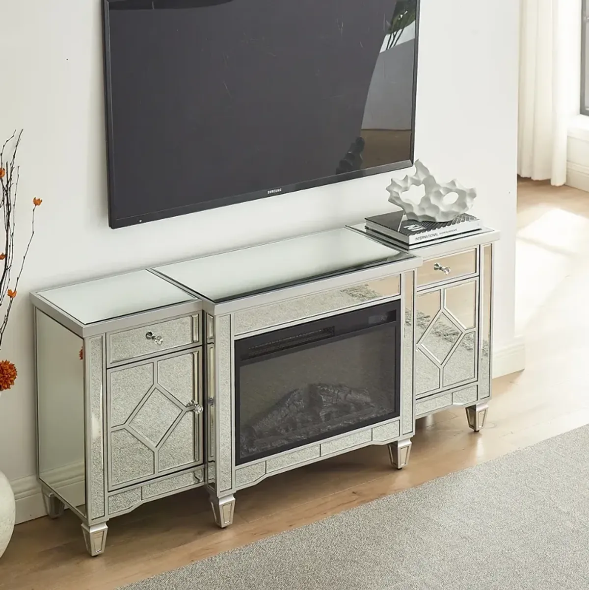 Streamdale 57" X 15 " X 25.6" Flash silver combination TV fireplace cabinet