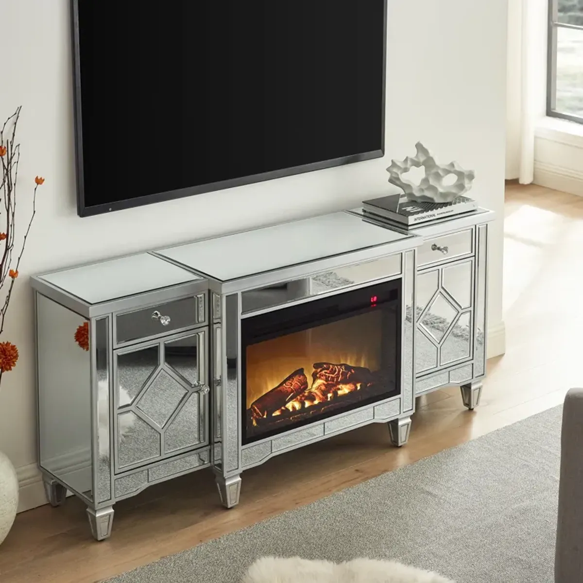 Streamdale 57" X 15 " X 25.6" Flash silver combination TV fireplace cabinet