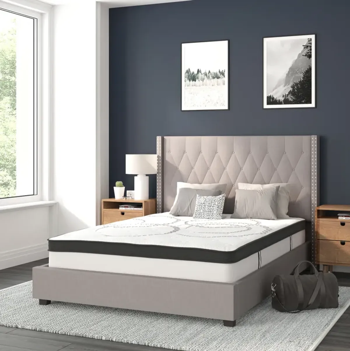 Riverdale Full Size Tufted Upholstered Platform Bed in Light Gray Fabric with 10 Inch CertiPUR-US Certified Pocket Spring Mattress