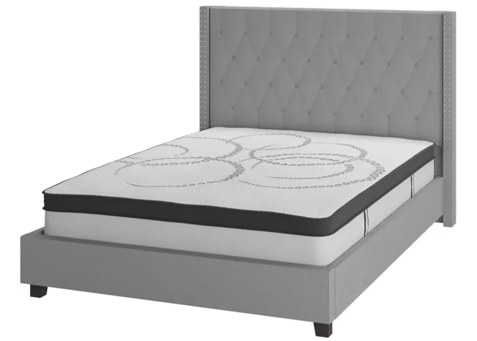 Riverdale Full Size Tufted Upholstered Platform Bed in Light Gray Fabric with 10 Inch CertiPUR-US Certified Pocket Spring Mattress