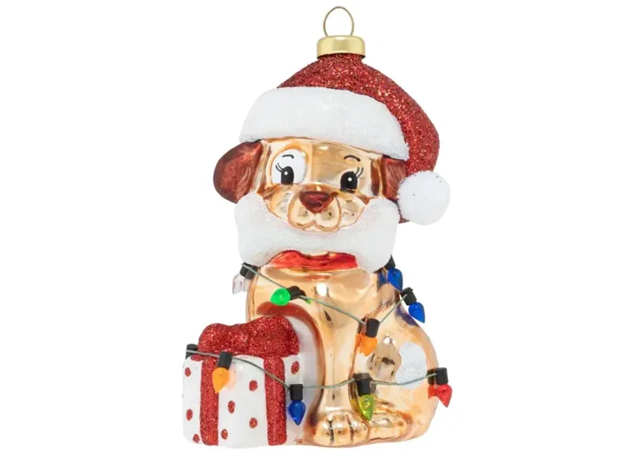 4.5" Puppy Present with Santa Hat Christmas Ornament