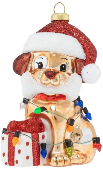 4.5" Puppy Present with Santa Hat Christmas Ornament