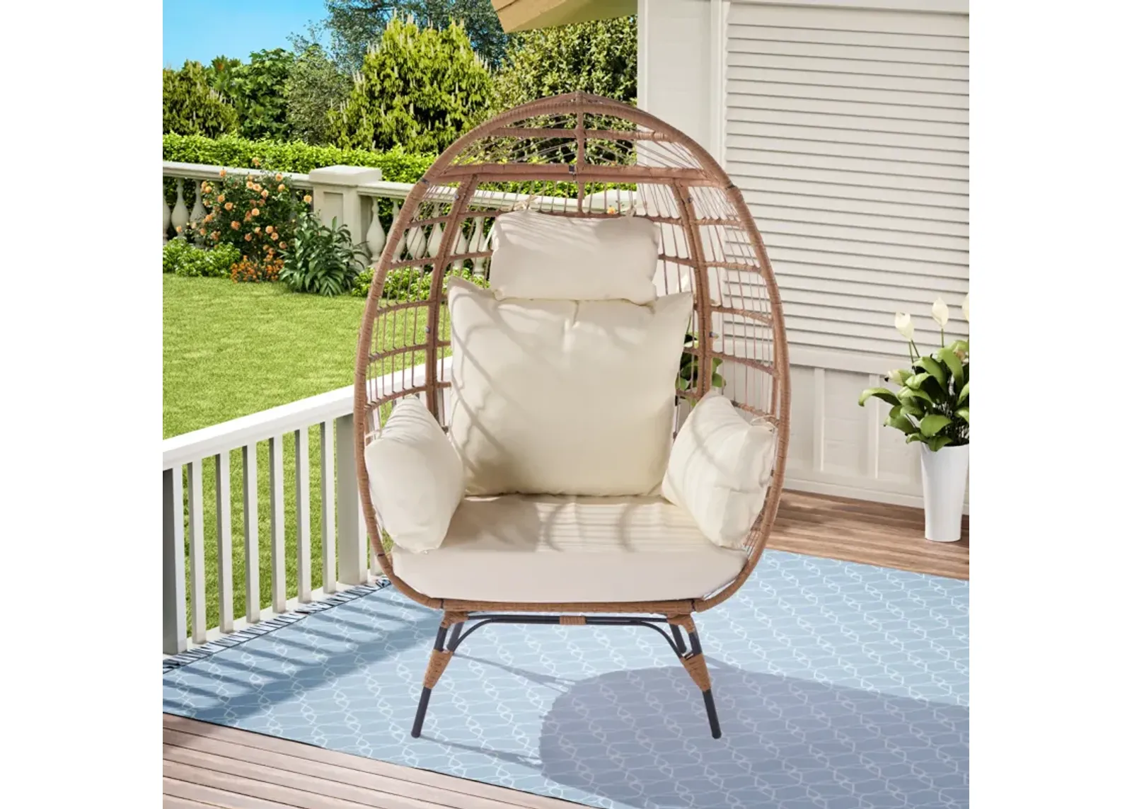 440lb Capacity Beige Wicker Egg Chair - Indoor/Outdoor