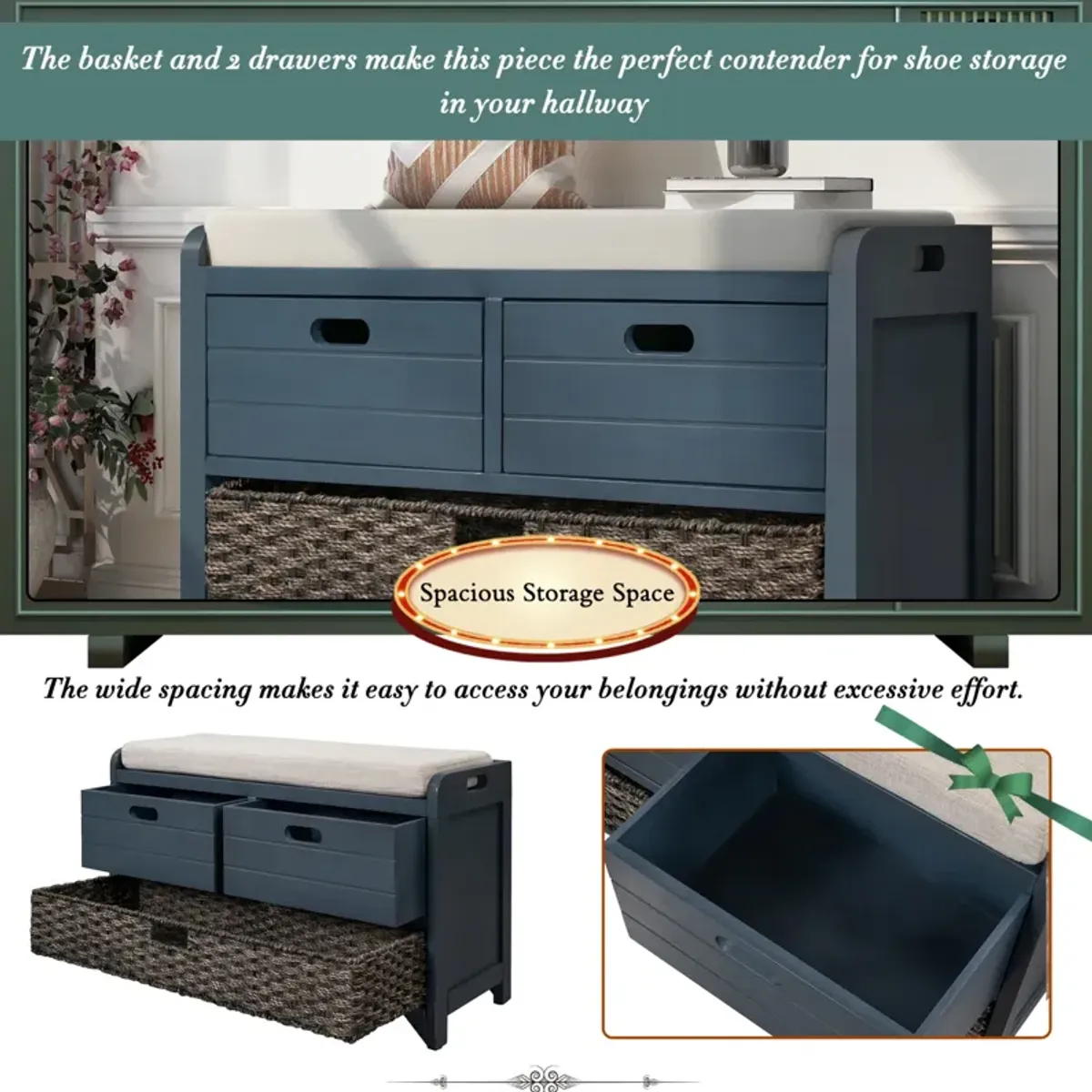 Storage Bench With Removable Basket And 2 Drawers, Fully Assembled Shoe Bench