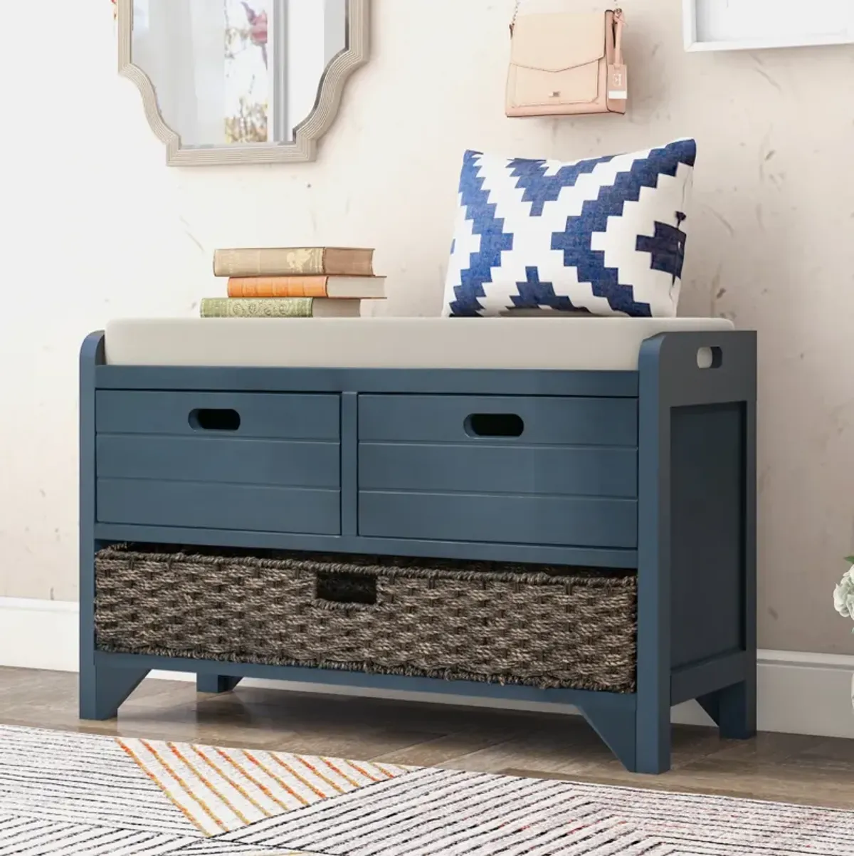 Storage Bench With Removable Basket And 2 Drawers, Fully Assembled Shoe Bench