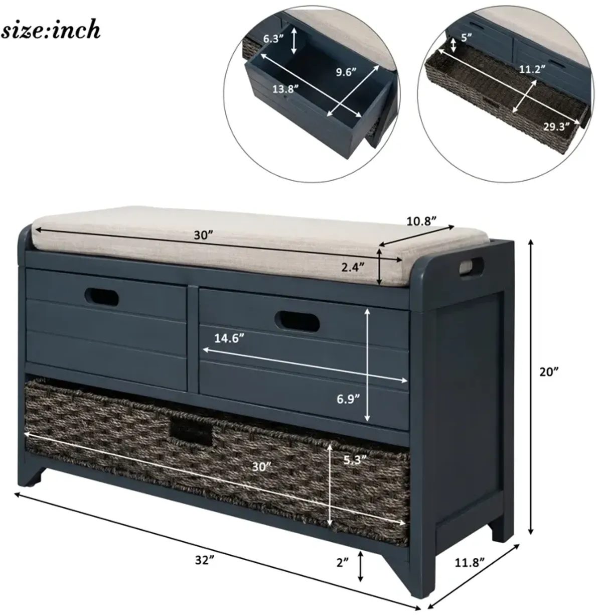 Storage Bench With Removable Basket And 2 Drawers, Fully Assembled Shoe Bench