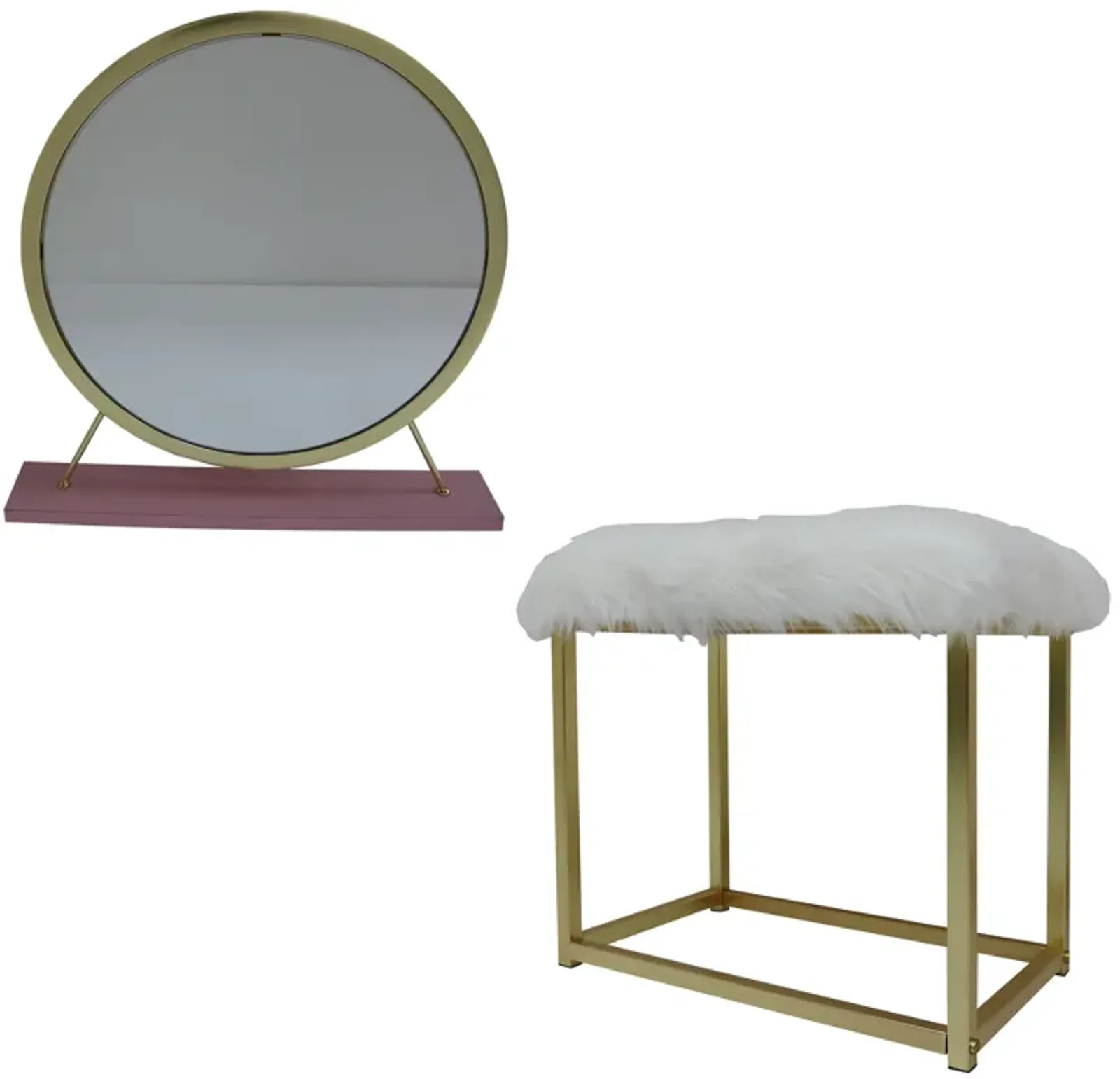 ACME Adao Vanity Mirror & Stool, Faux Fur, Mirror, Pink & Gold Finish