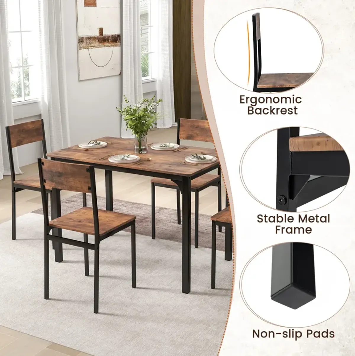 5 Piece Dining Table Set Industrial Style Kitchen Table and Chairs