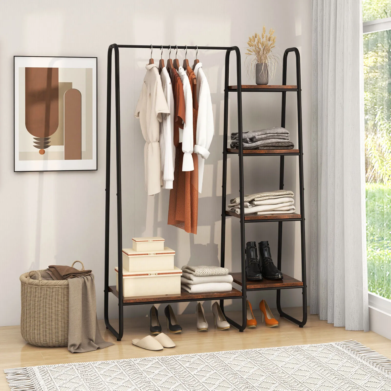 Clothes Rack Free Standing Storage Tower with Hanging Bar